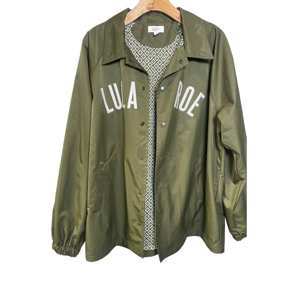 LuLaRoe Women's Snap Button Rain Outdoor Windbreaker Jacket Spell Out Sz Lg - Picture 2 of 7